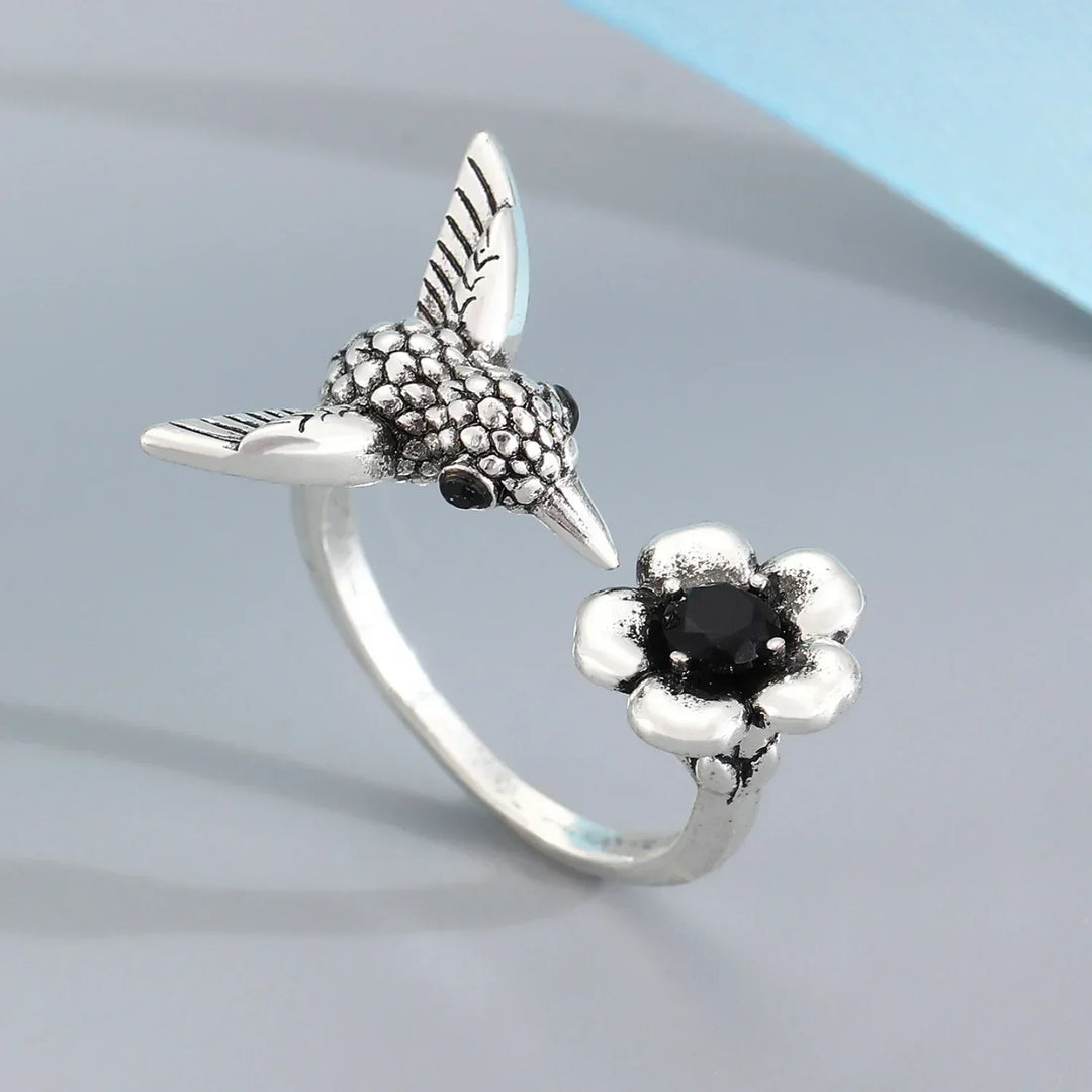 Bague colibri et fleur – Bague ajustable avec un oiseau ouvert pour femmes