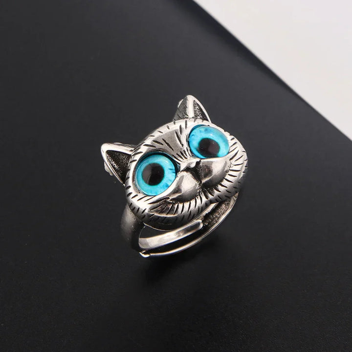 Bague avec un chat aux yeux bleus – Bague vintage ludique en argent pour les amoureux des chats