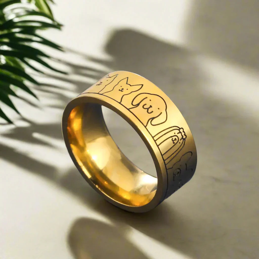 Bague large en acier inoxydable pour chiens – Motif gravé pour femmes