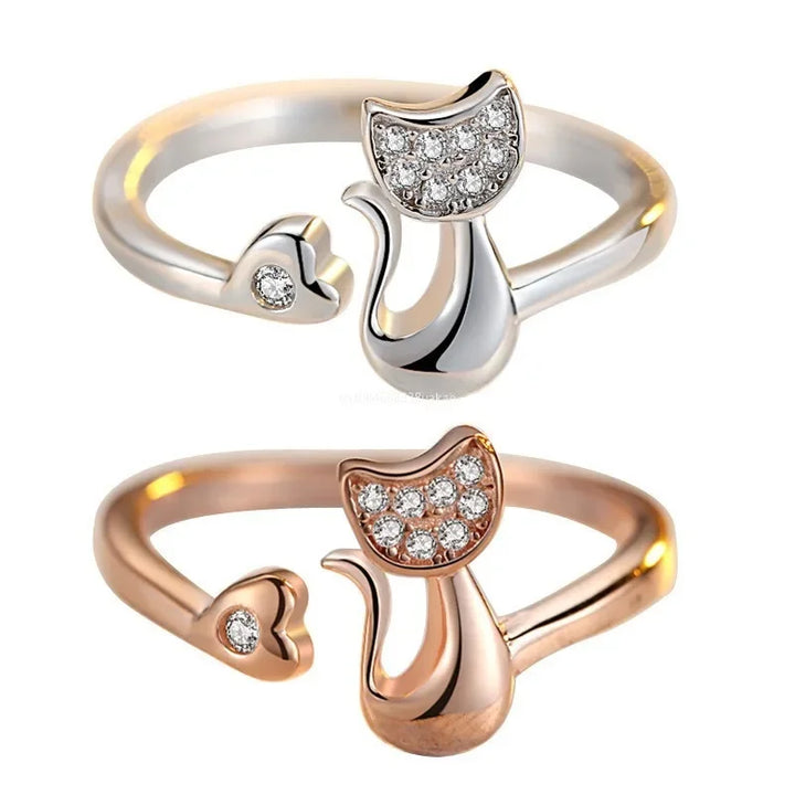 Bague ouverte avec un adorable chat – Zirconiums