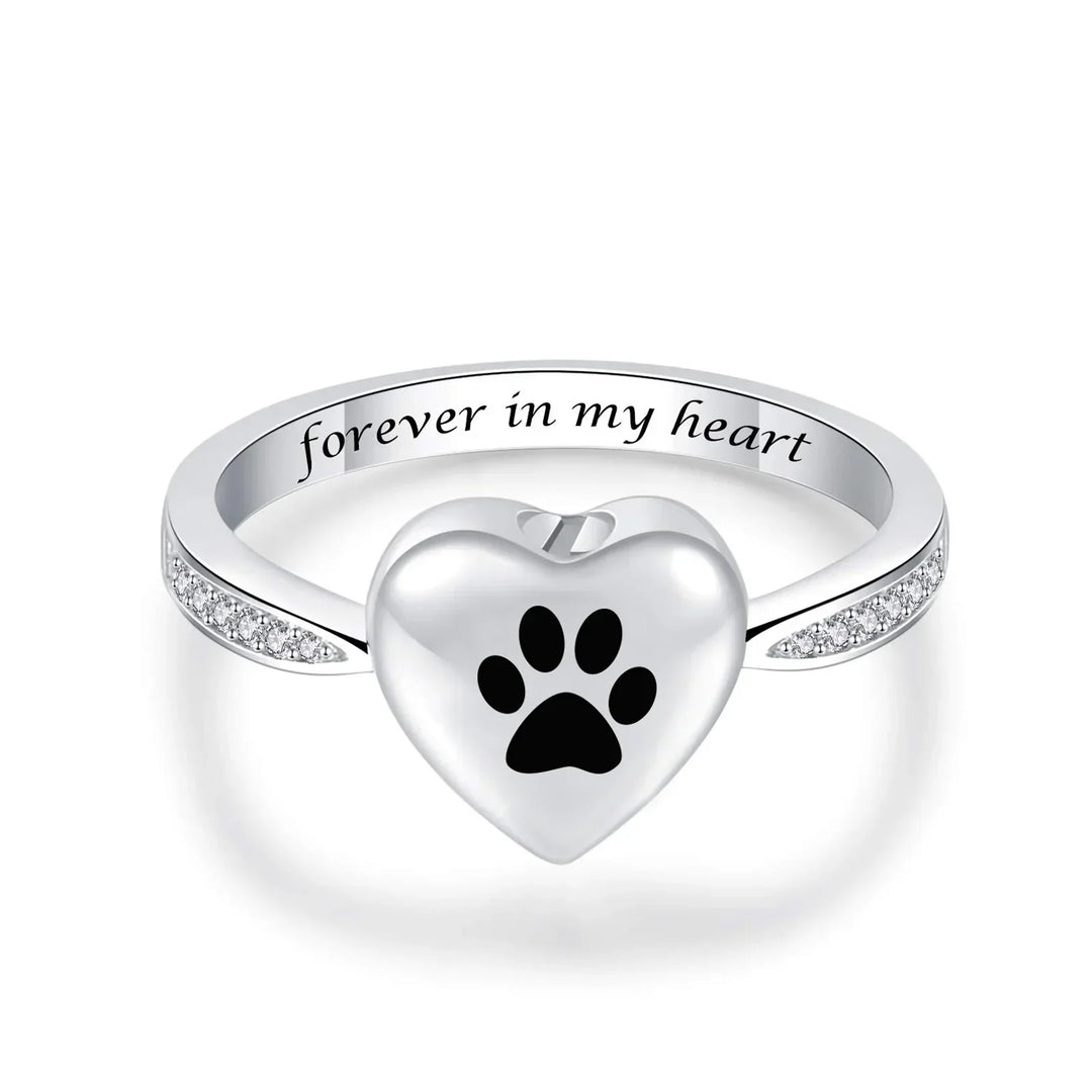 Bague avec urne en forme de cœur et empreinte de patte – Bijoux commémoratifs pour animaux après crémation