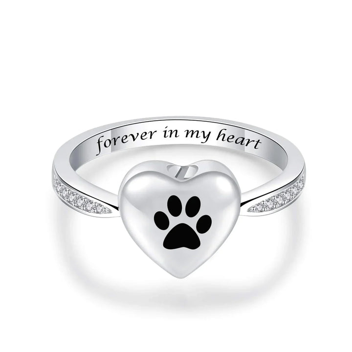 Bague avec urne en forme de cœur et empreinte de patte – Bijoux commémoratifs pour animaux après crémation