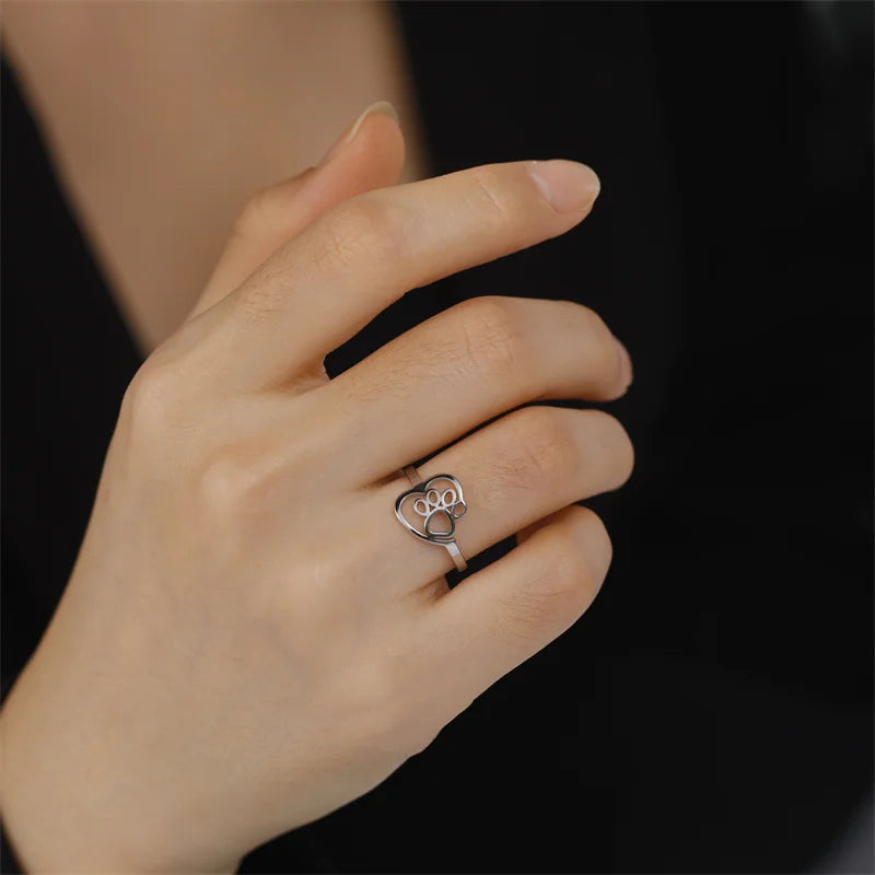 Bague avec empreinte et cœur en or – Bijoux en acier inoxydable pour les amoureux des animaux