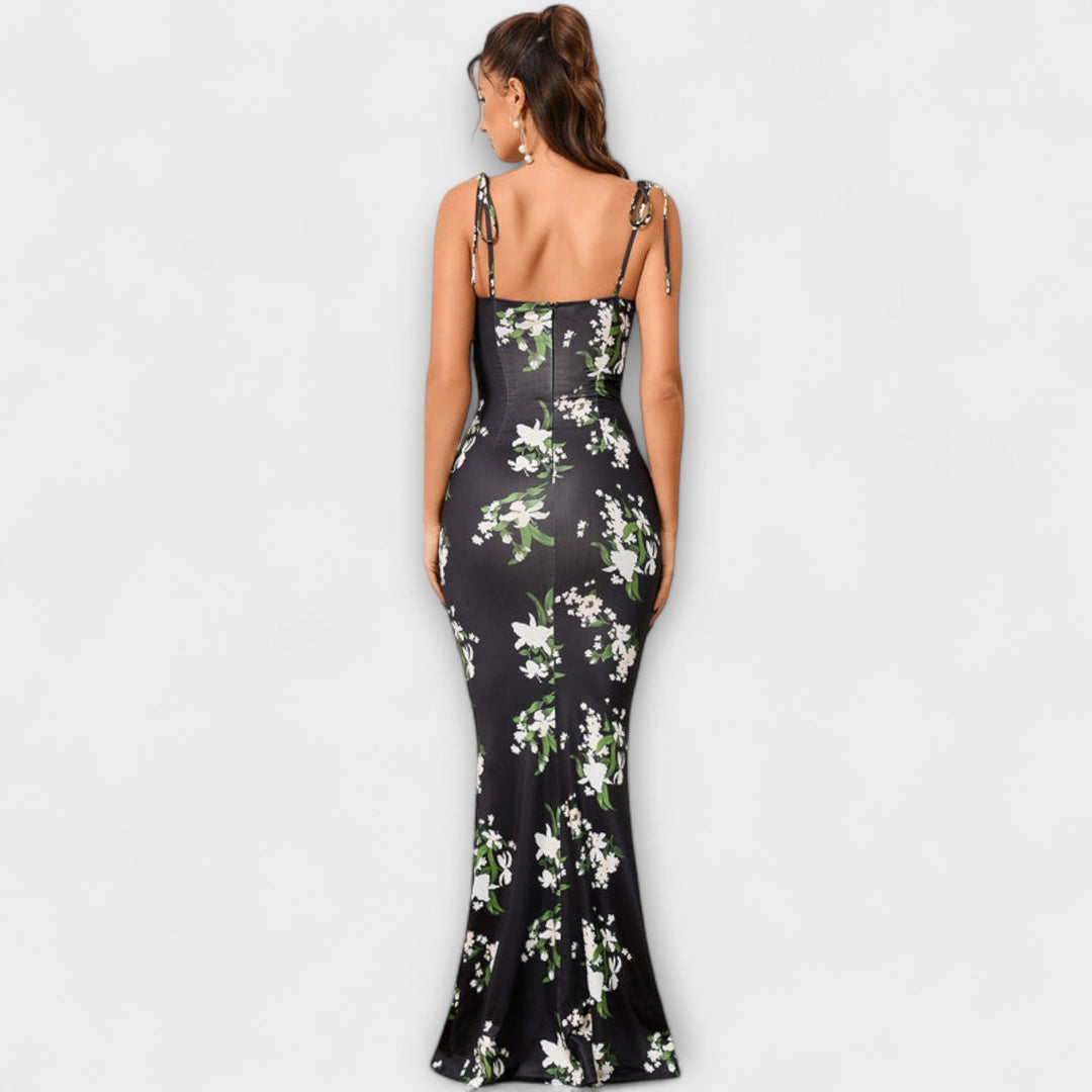 Thalia - Robe de bal à imprimé floral et bretelles nouées