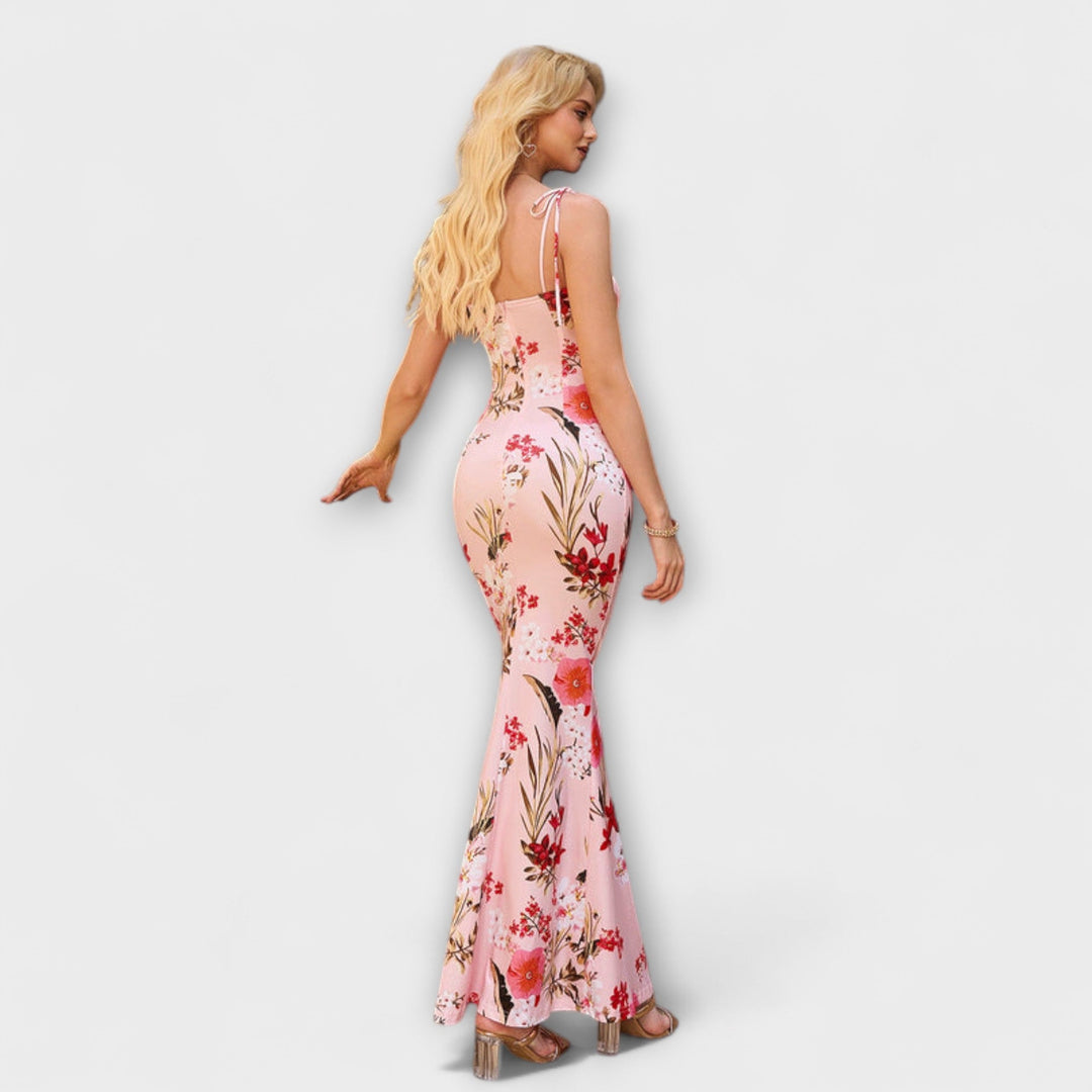 Thalia - Robe de bal à imprimé floral et bretelles nouées