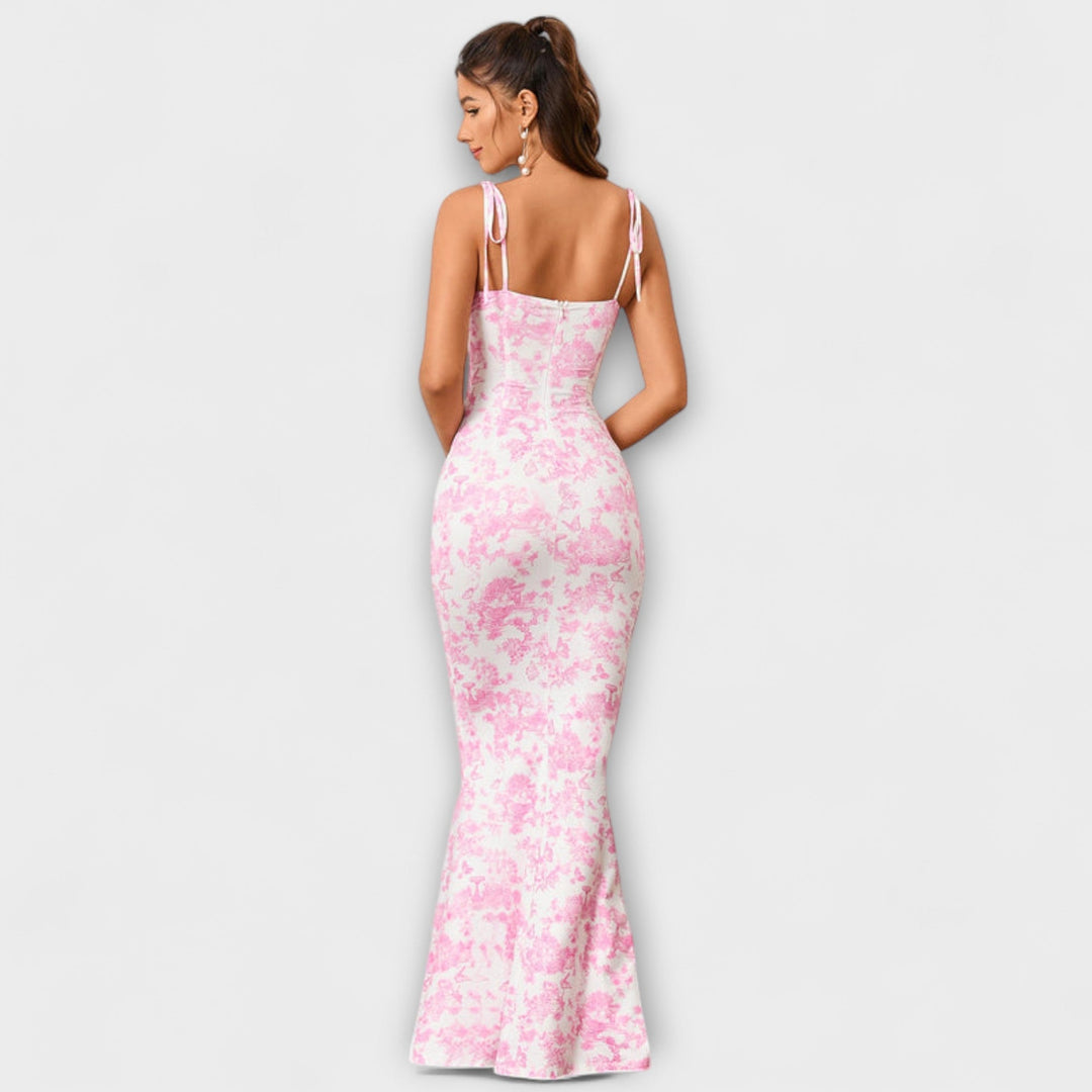 Thalia - Robe de bal à imprimé floral et bretelles nouées