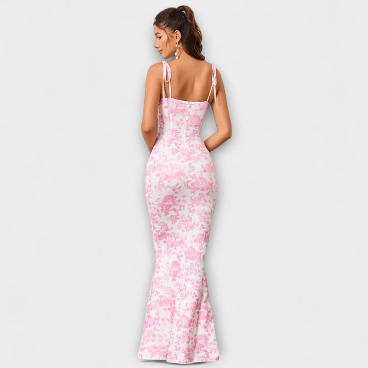 Thalia - Robe de bal à imprimé floral et bretelles nouées