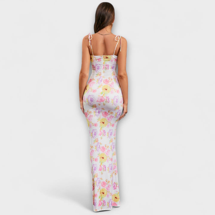 Thalia - Robe de bal à imprimé floral et bretelles nouées