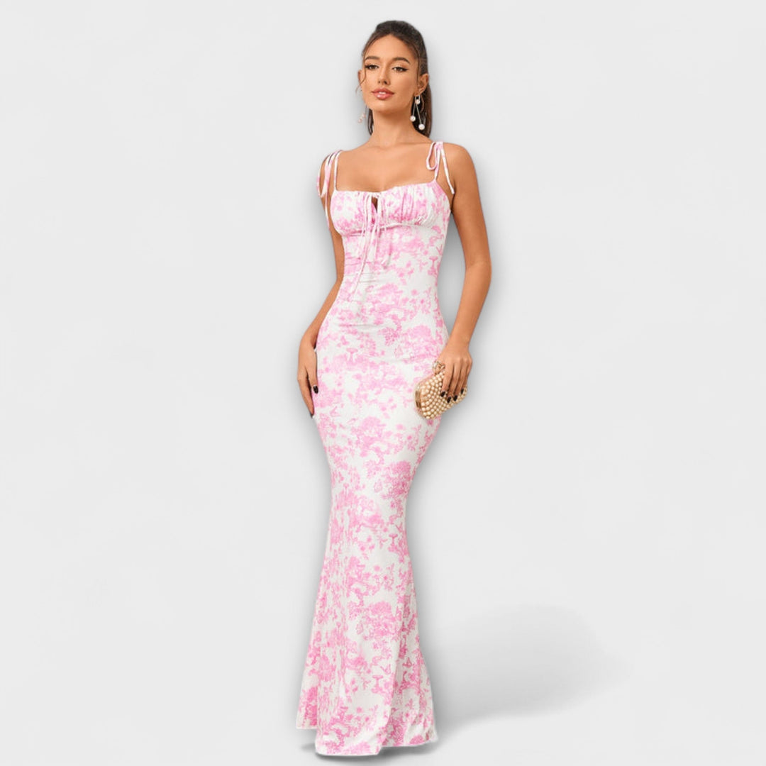 Thalia - Robe de bal à imprimé floral et bretelles nouées