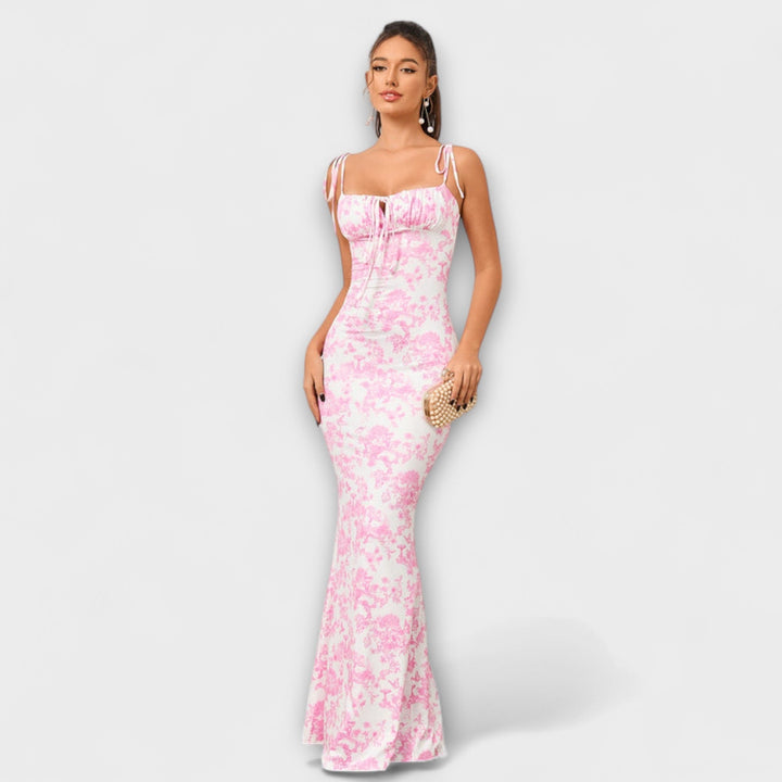 Thalia - Robe de bal à imprimé floral et bretelles nouées