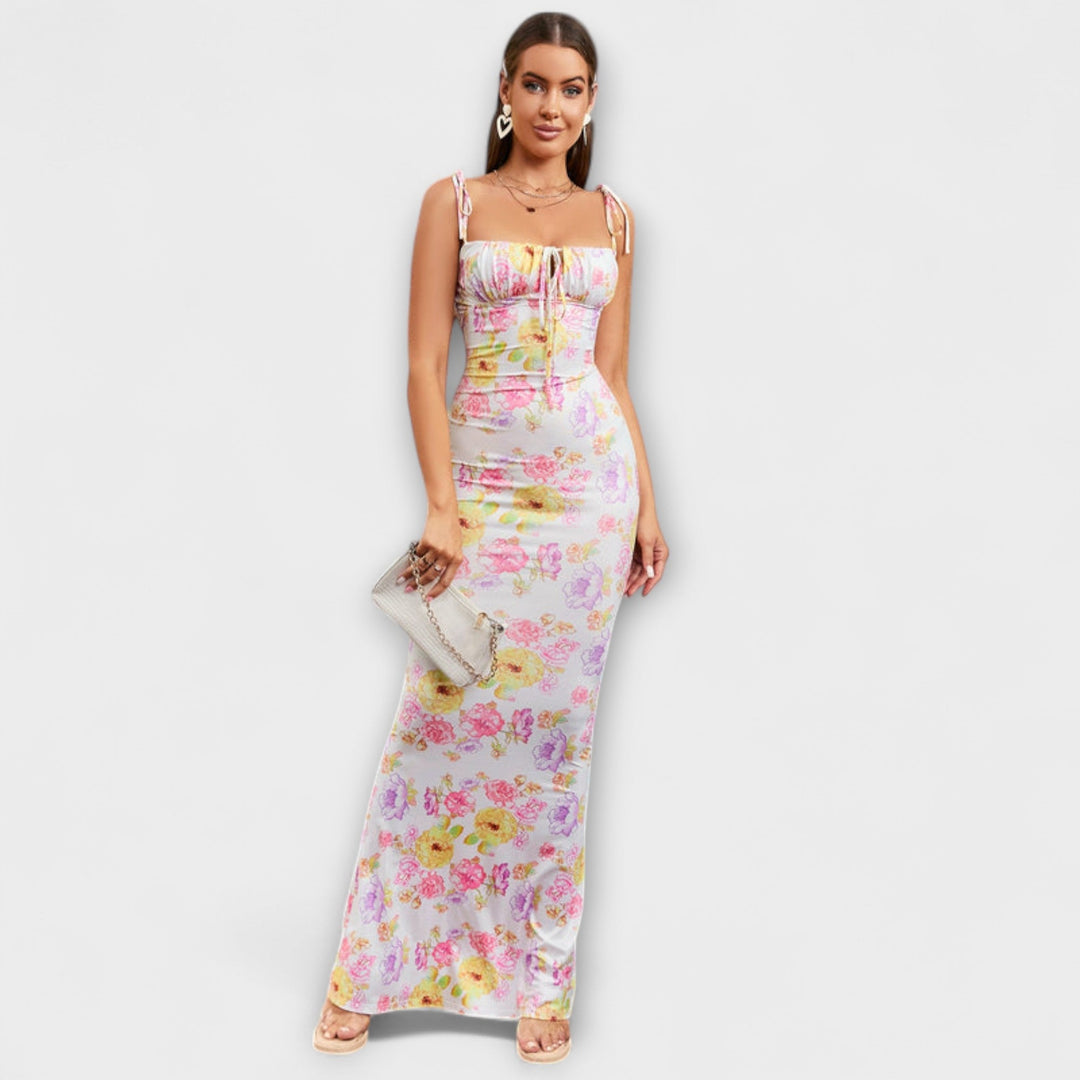 Thalia - Robe de bal à imprimé floral et bretelles nouées