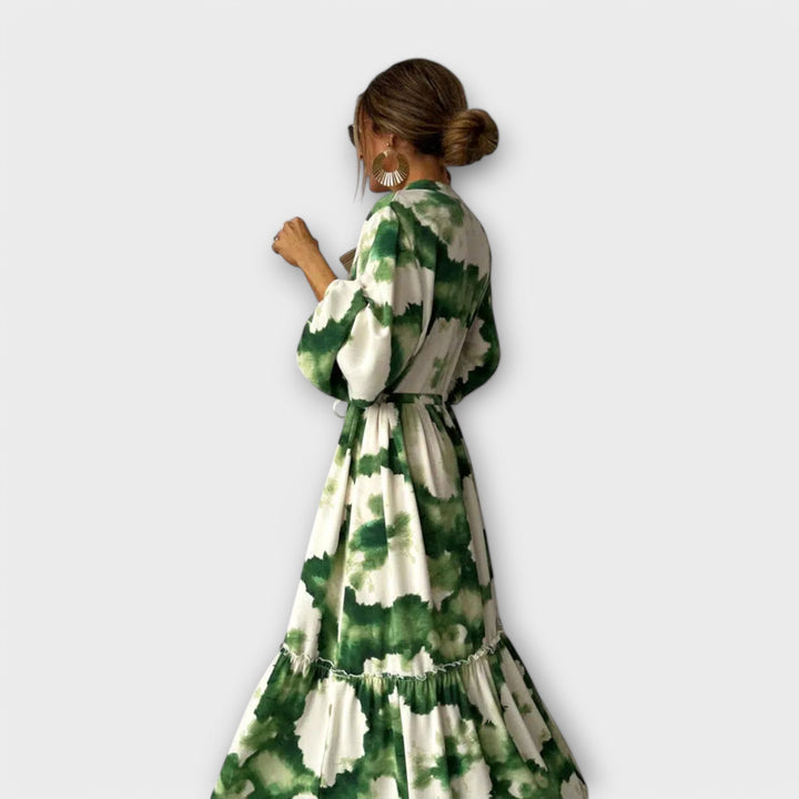 Melina - Robe Maxi Verte à Manches Longues et Décolleté en V