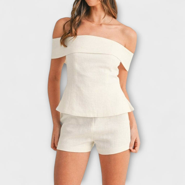 Olivia - Ensemble bi-matière en coton et lin blanc