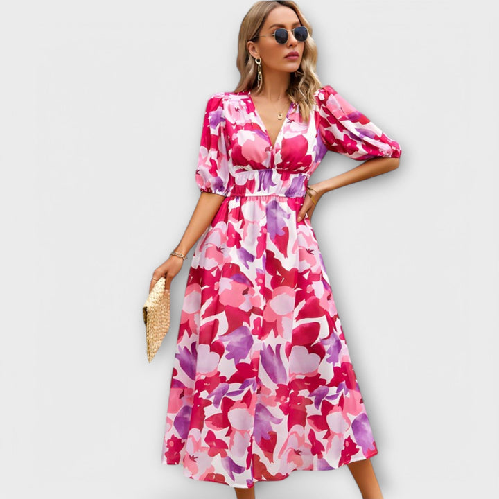 Robe Maxi Abstraite avec Manches Bouffantes