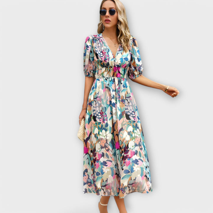 Robe Maxi Abstraite avec Manches Bouffantes