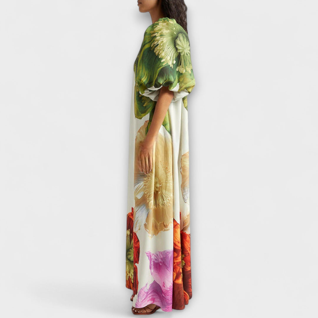 Skylar - Robe maxi à imprimé floral, décolleté asymétrique et manches ballons