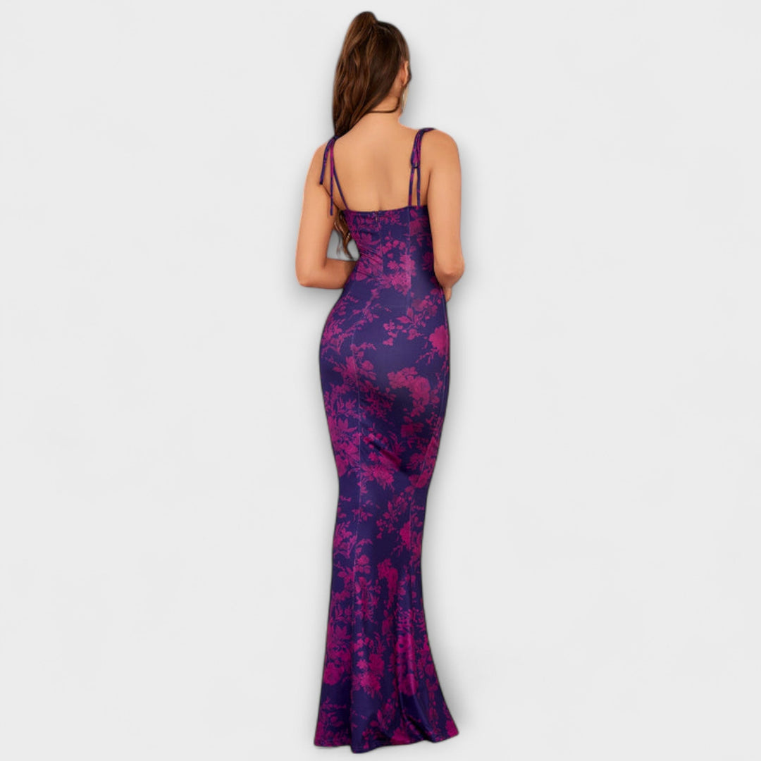 Thalia - Robe de bal à imprimé floral et bretelles nouées