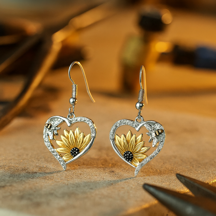 Boucles d'oreilles vintage boho avec tournesol et cœur avec abeille