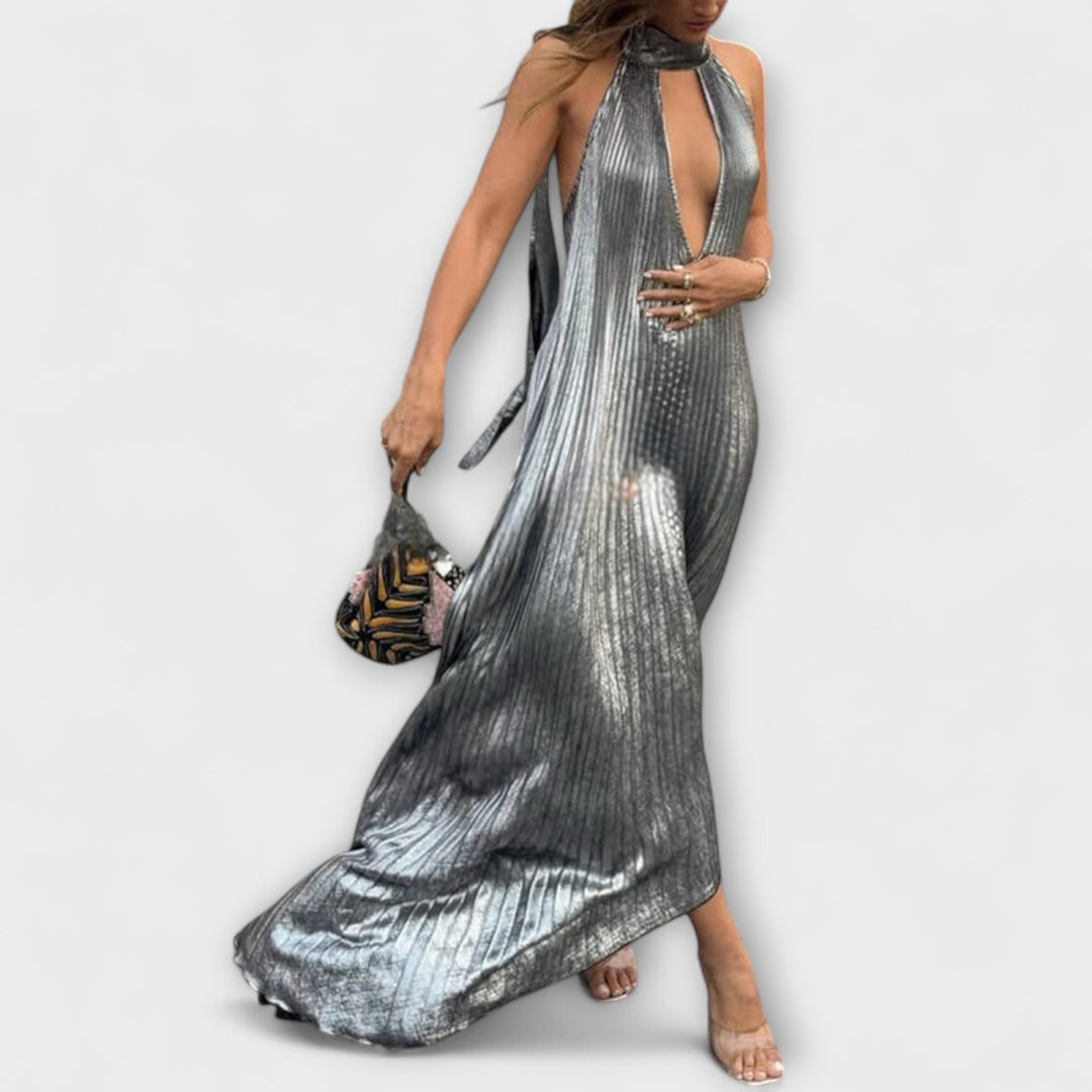 Calliope - Robe maxi plissée métallique