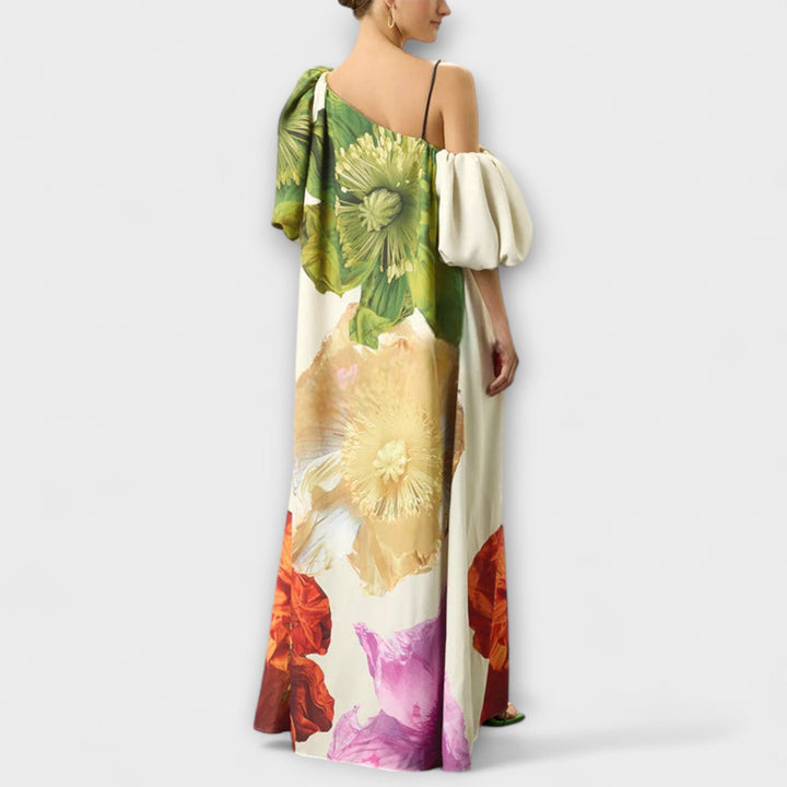 Skylar - Robe maxi à imprimé floral, décolleté asymétrique et manches ballons