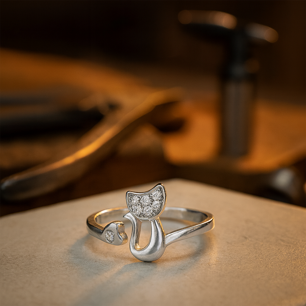 Bague ouverte avec un adorable chat – Zirconiums