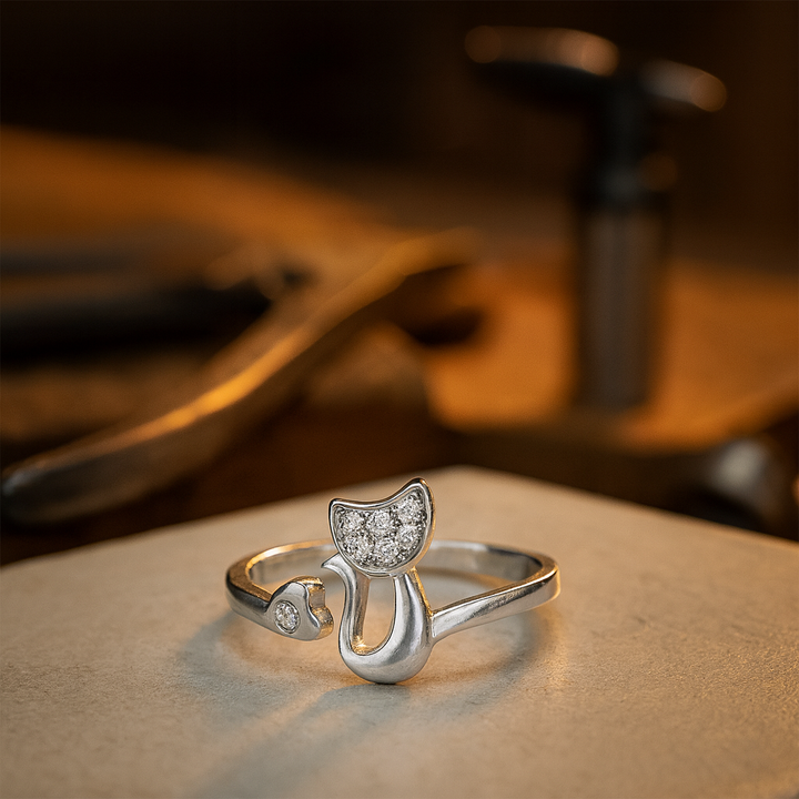 Bague ouverte avec un adorable chat – Zirconiums