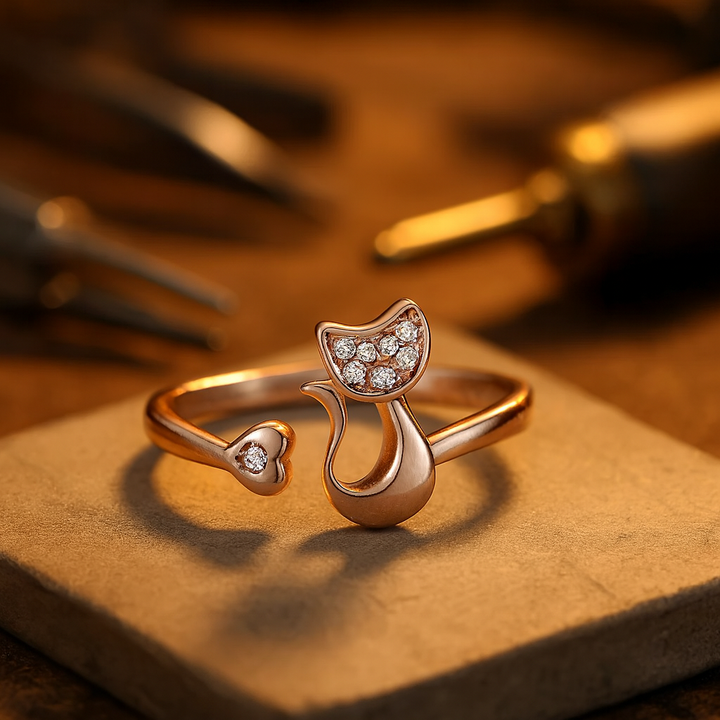 Bague ouverte avec un adorable chat – Zirconiums