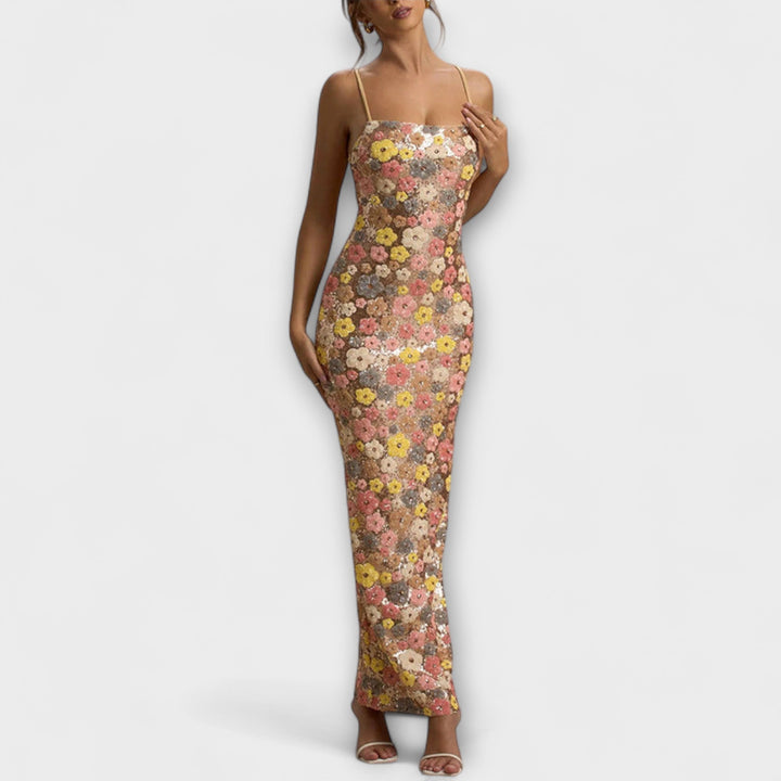 Oakley - Maxi Robe avec Fleurs et Paillettes dans le Style des Années 80