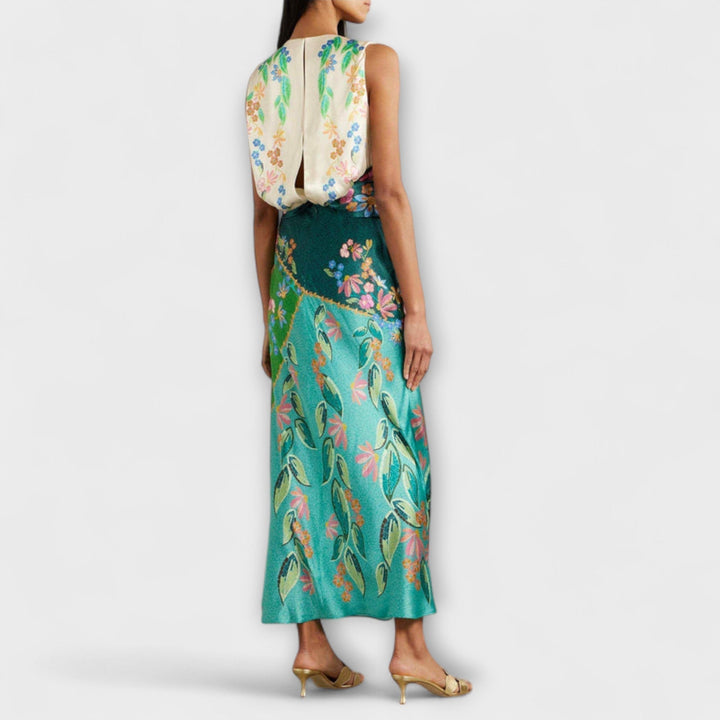 Aisling - Robe Maxi Élégante avec Plis Tordus et Motif Floral