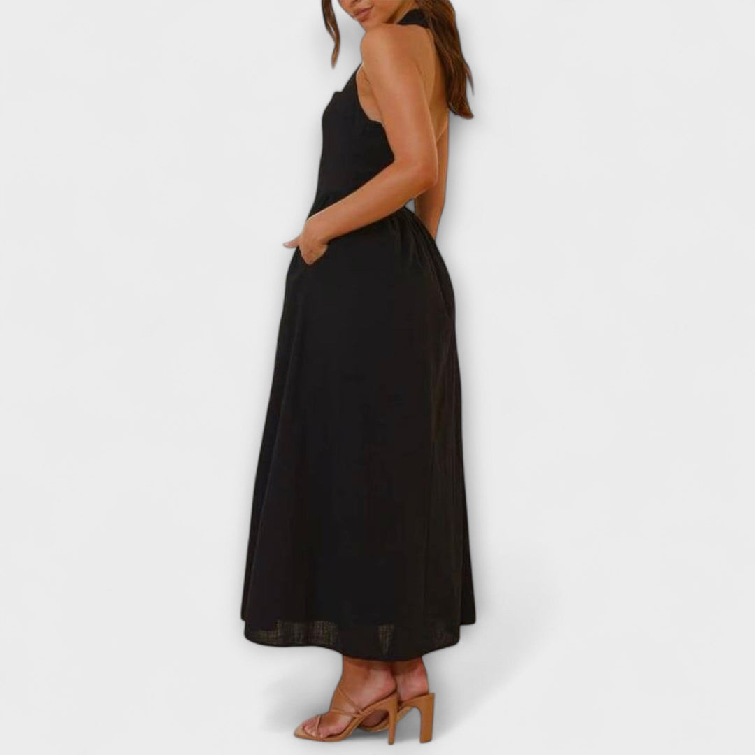 Lydia - Robe halter noire mi-longue avec détail à la taille