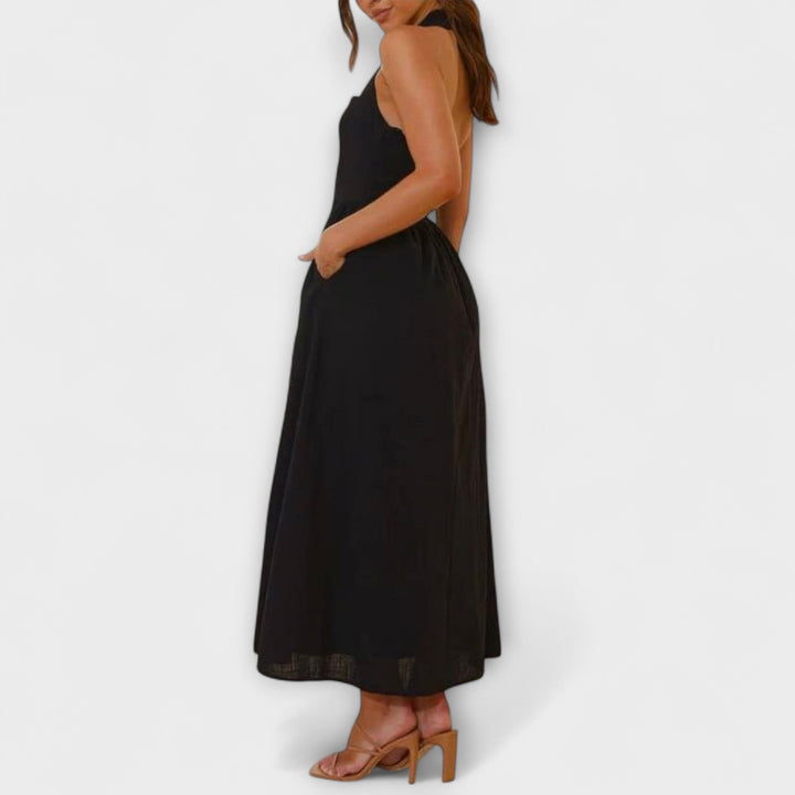 Lydia - Robe halter noire mi-longue avec détail à la taille