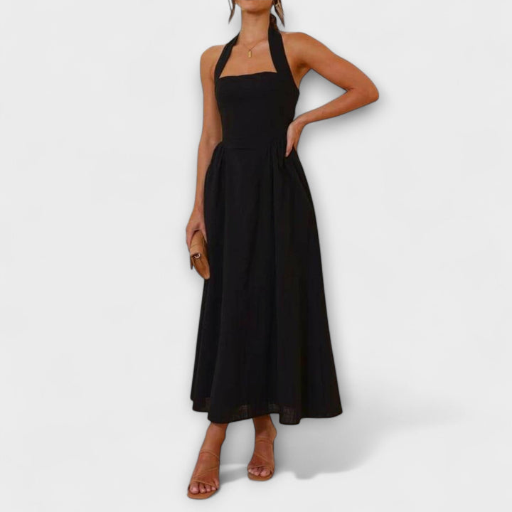 Lydia - Robe halter noire mi-longue avec détail à la taille