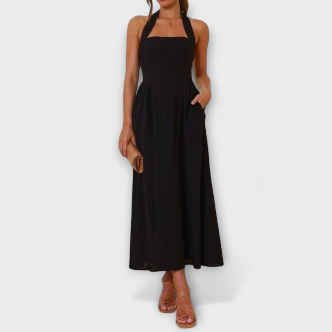 Lydia - Robe halter noire mi-longue avec détail à la taille