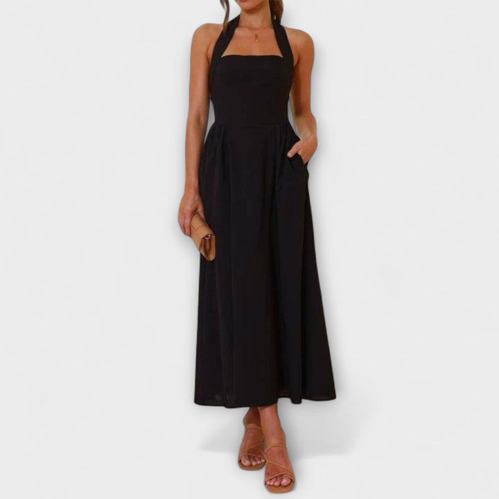 Lydia - Robe halter noire mi-longue avec détail à la taille