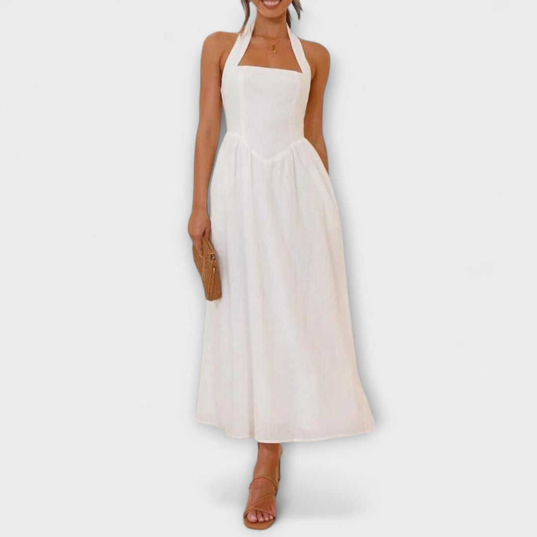 Lydia - Robe halter noire mi-longue avec détail à la taille