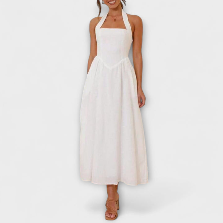 Lydia - Robe halter noire mi-longue avec détail à la taille