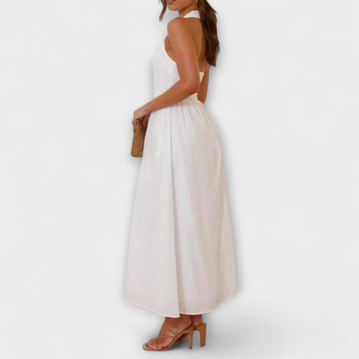 Lydia - Robe halter noire mi-longue avec détail à la taille