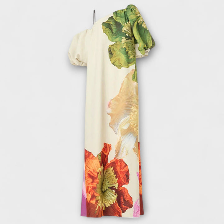 Skylar - Robe maxi à imprimé floral, décolleté asymétrique et manches ballons