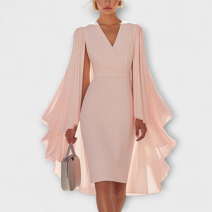 Rachel - Robe midi rose avec décolleté en V et manches en chiffon