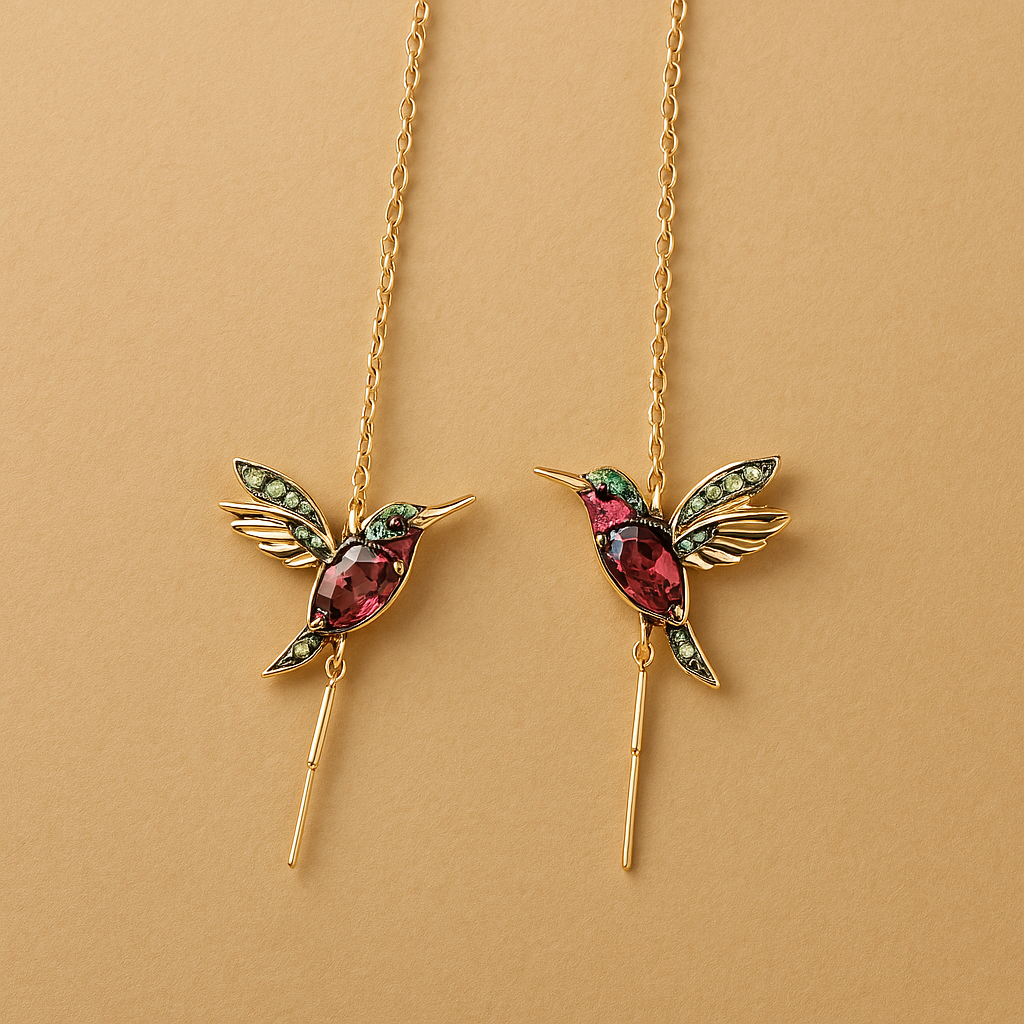 Boucles d'oreilles émaillées avec zirconiums en forme de colibri