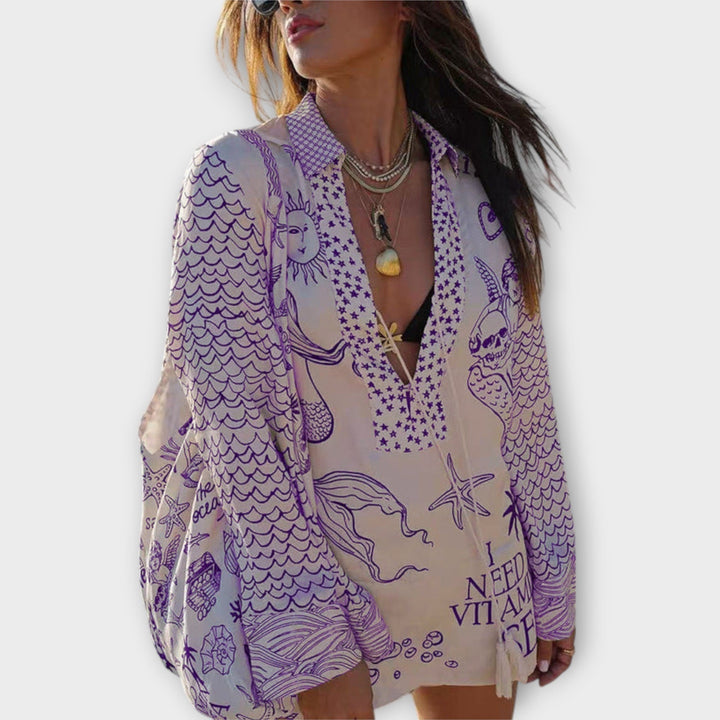 Liv - Ensemble de chemise et short en satin aquatique avec franges