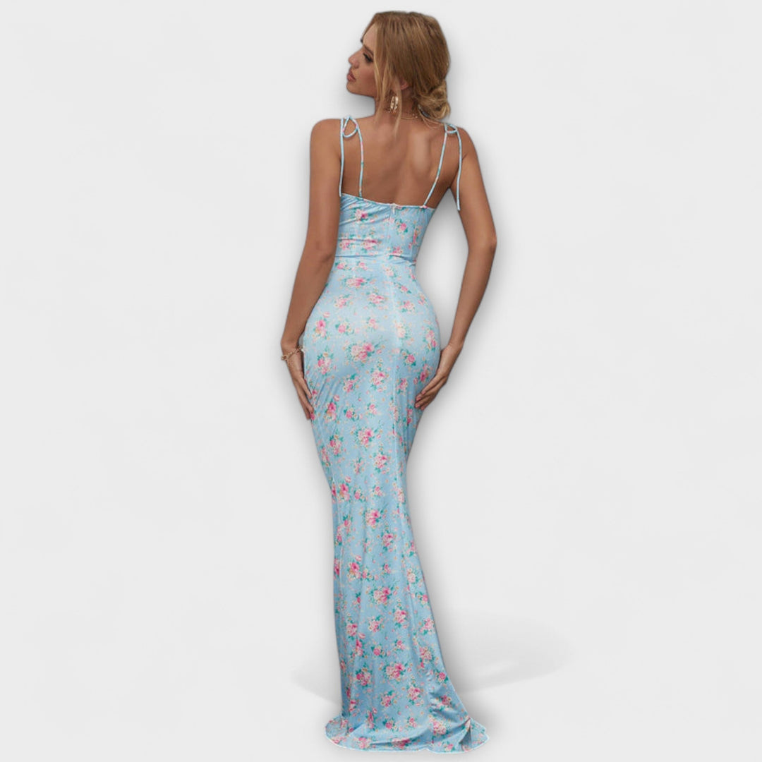 Thalia - Robe de bal à imprimé floral et bretelles nouées