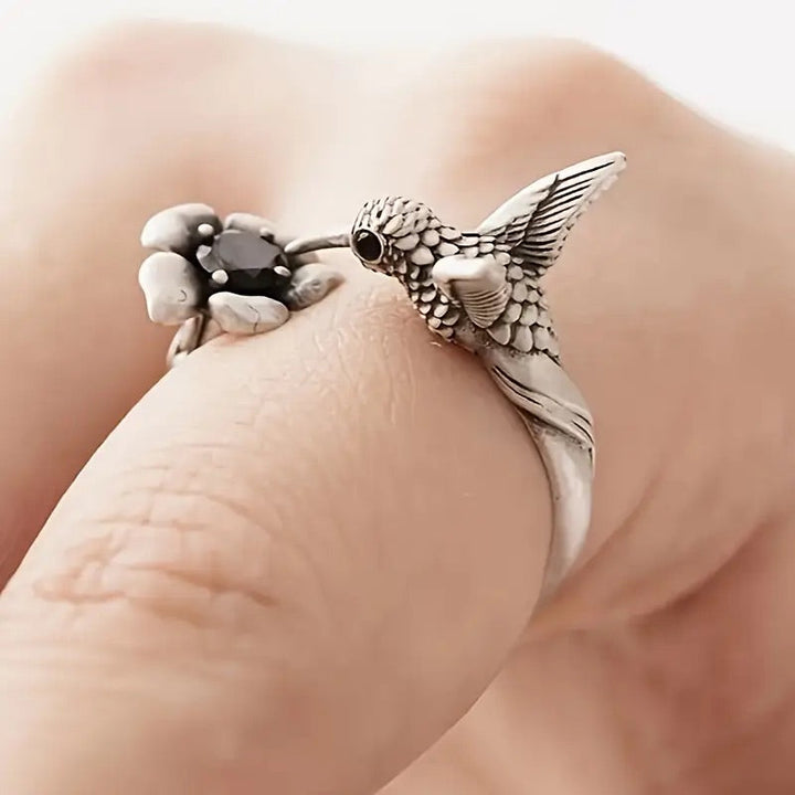 Bague colibri et fleur – Bague ajustable avec un oiseau ouvert pour femmes