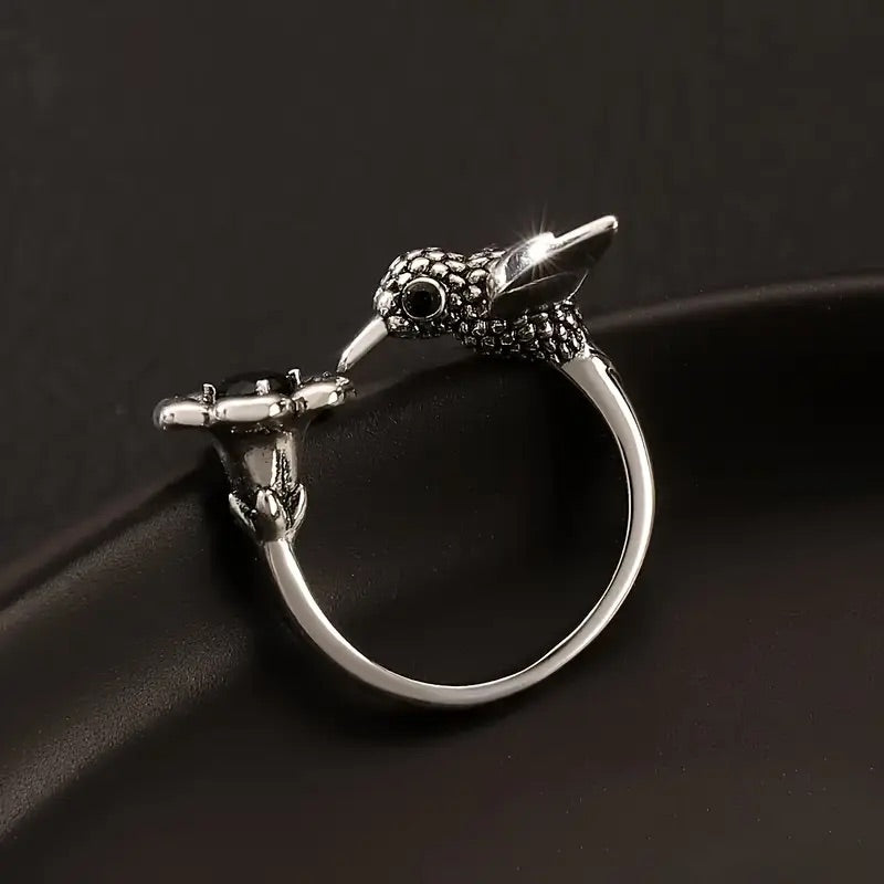 Bague colibri et fleur – Bague ajustable avec un oiseau ouvert pour femmes
