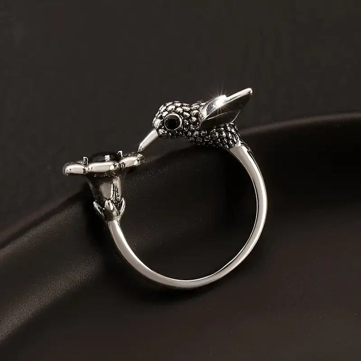 Bague colibri et fleur – Bague ajustable avec un oiseau ouvert pour femmes