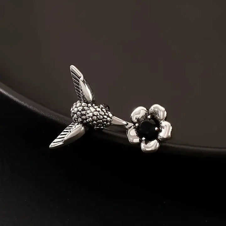 Bague colibri et fleur – Bague ajustable avec un oiseau ouvert pour femmes