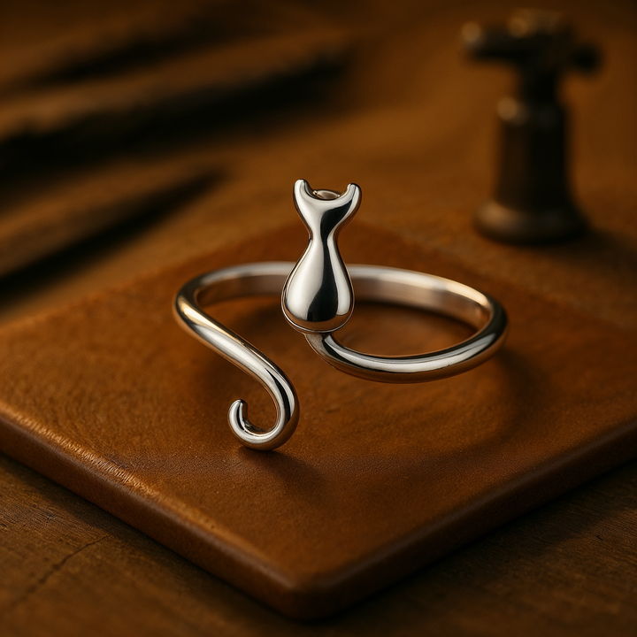 Bague mignonne avec un chat en acier inoxydable
