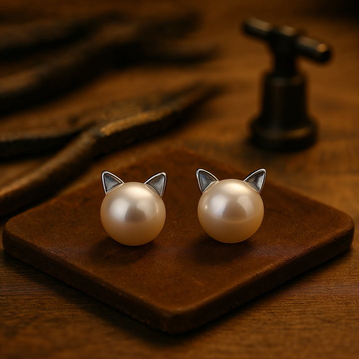 Boucles d'oreilles en argent avec perle en forme de chat