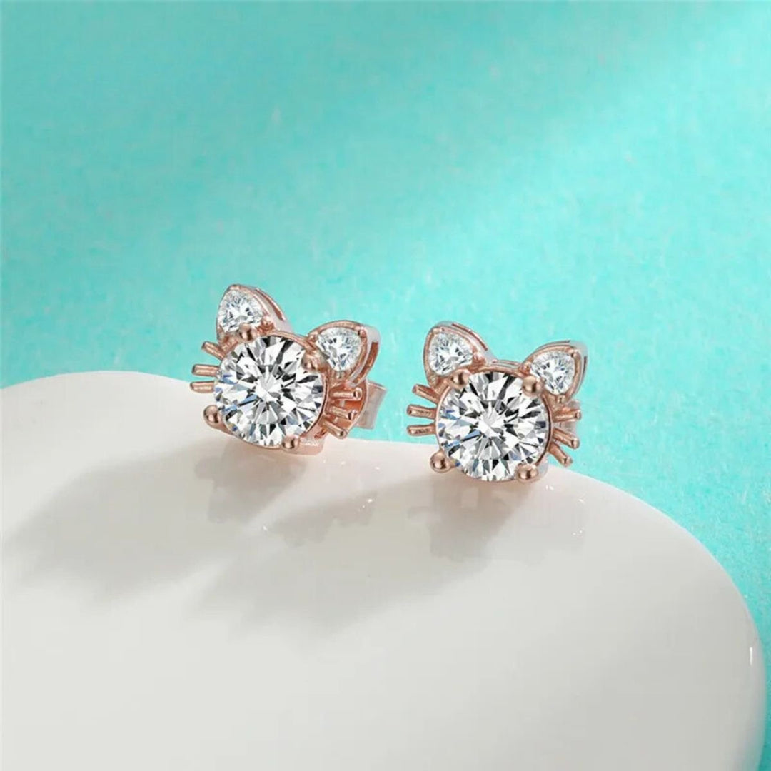 Boucles d'oreilles en moissanite et en or rose avec chat en argent 925