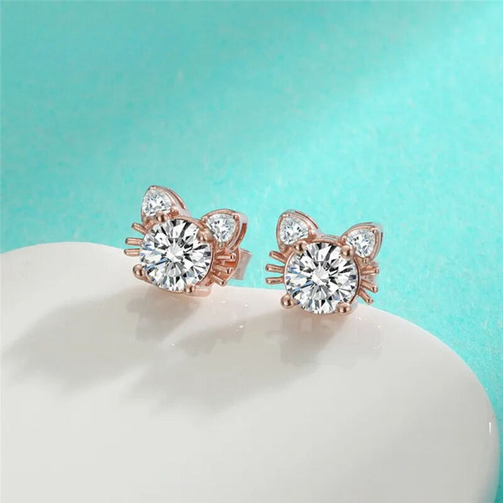 Boucles d'oreilles en moissanite et en or rose avec chat en argent 925